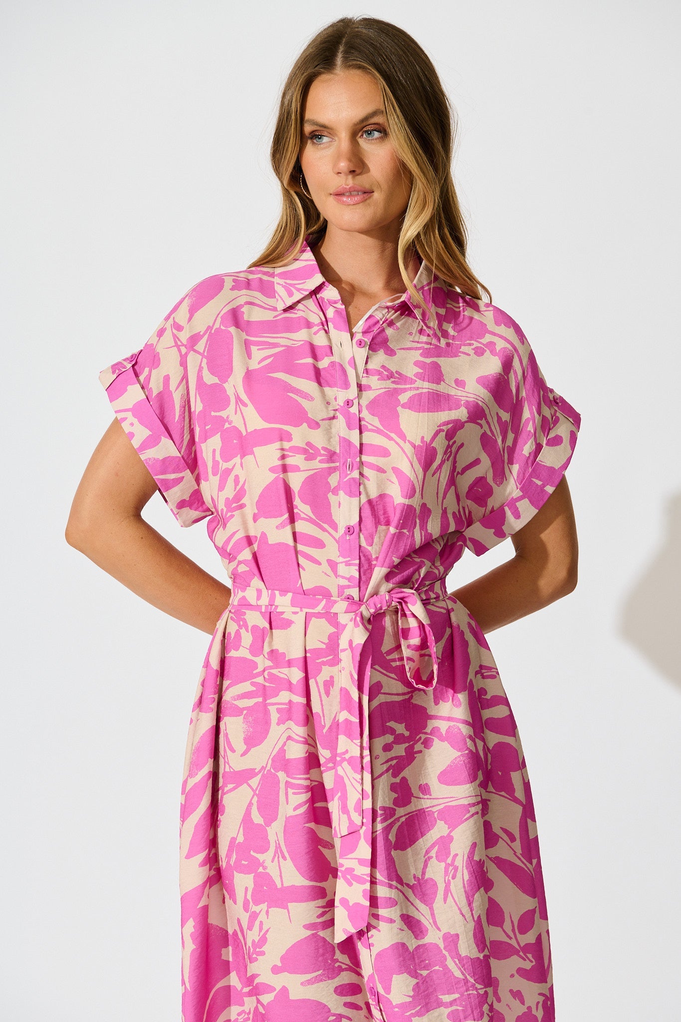 Hartlee Midi Shirt Dress in Cream and Pink Print Linen Blend