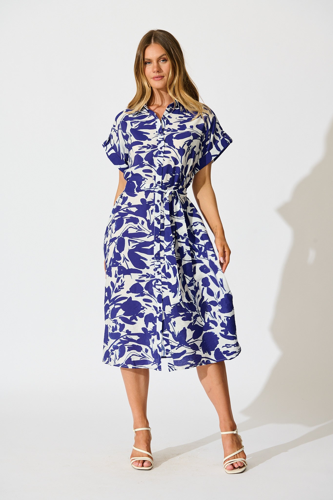 Hartlee Midi Shirt Dress in White and Navy Print Linen Blend