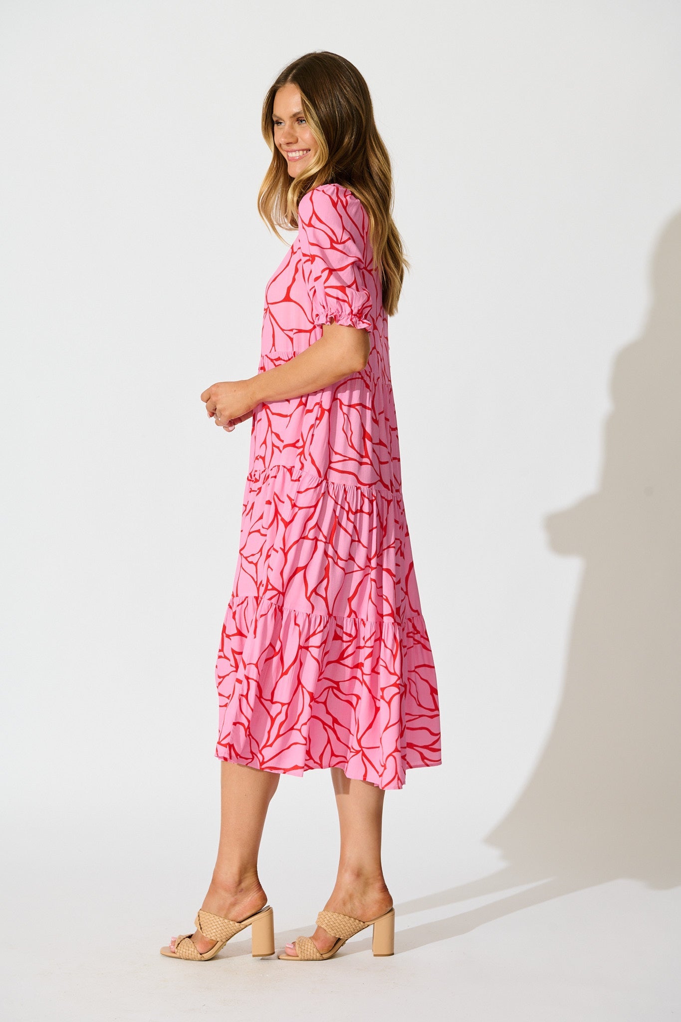 Nevi Tiered Midi Dress In Pink With Red Swirl Print