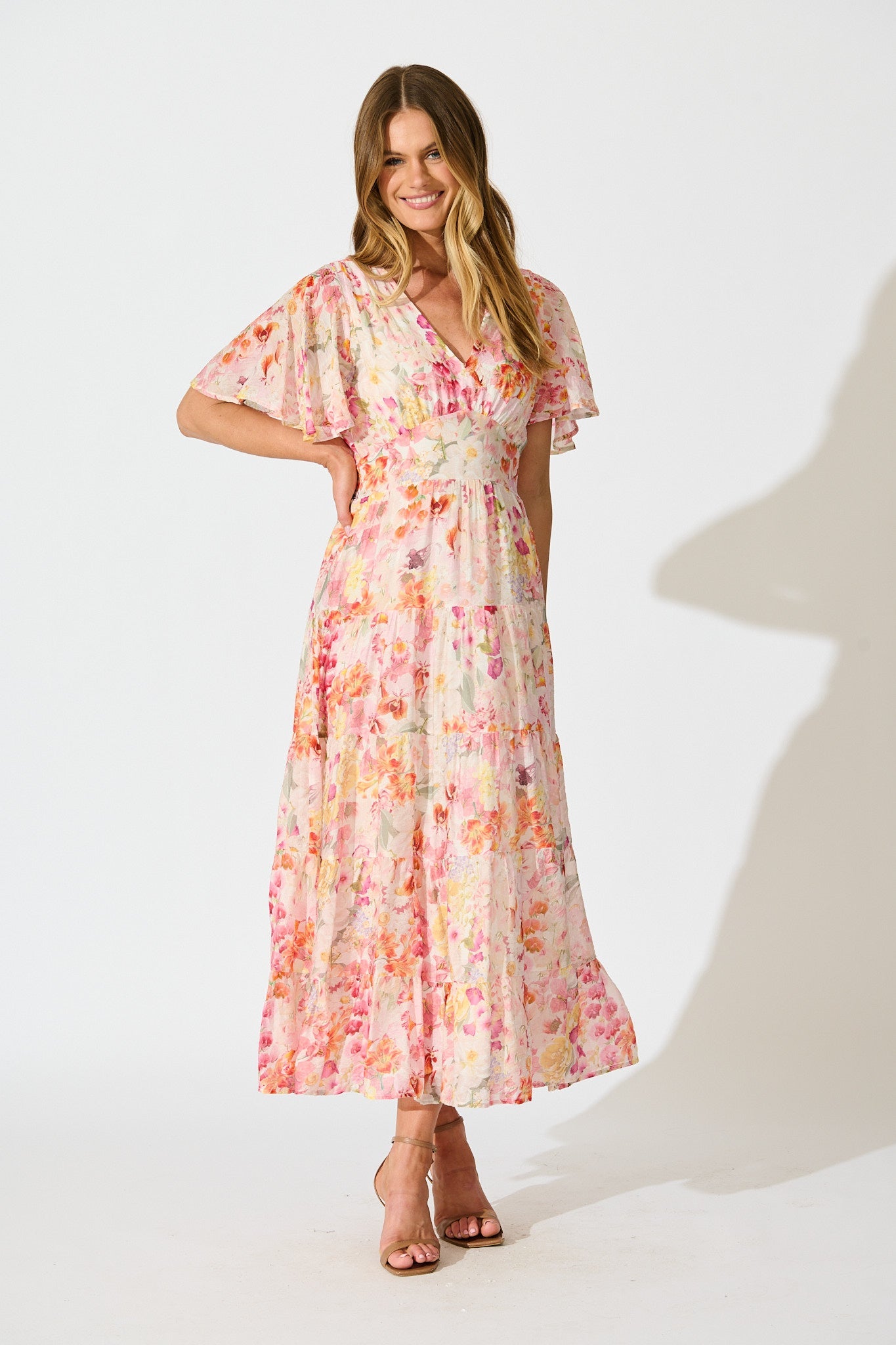 Pastel Symphony Maxi Dress in White with Multi Blush Floral