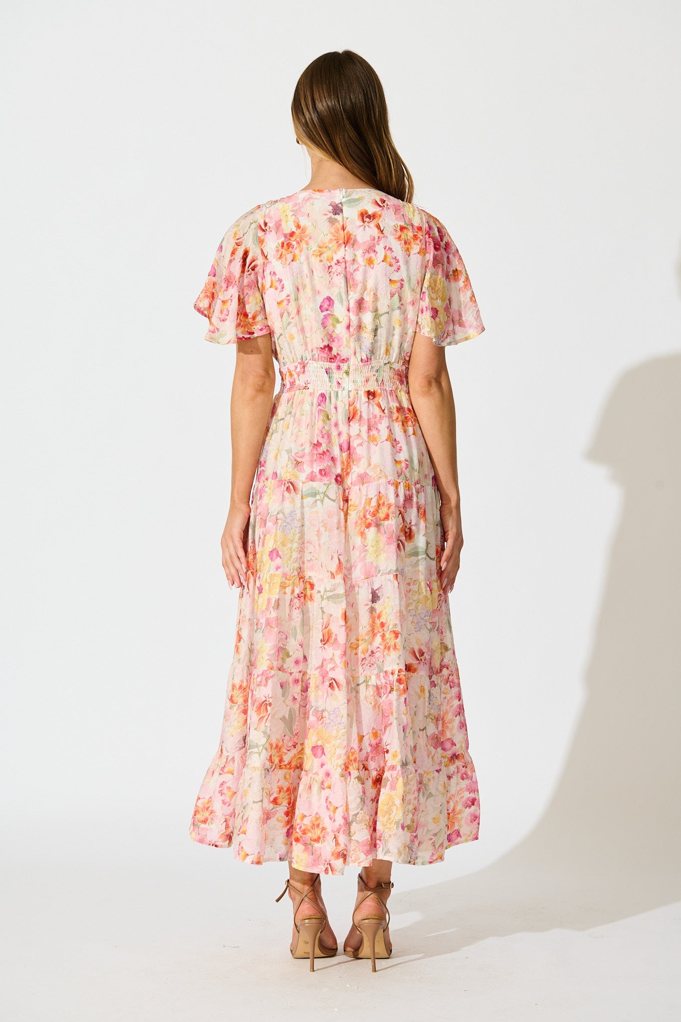 Pastel Symphony Maxi Dress in White with Multi Blush Floral