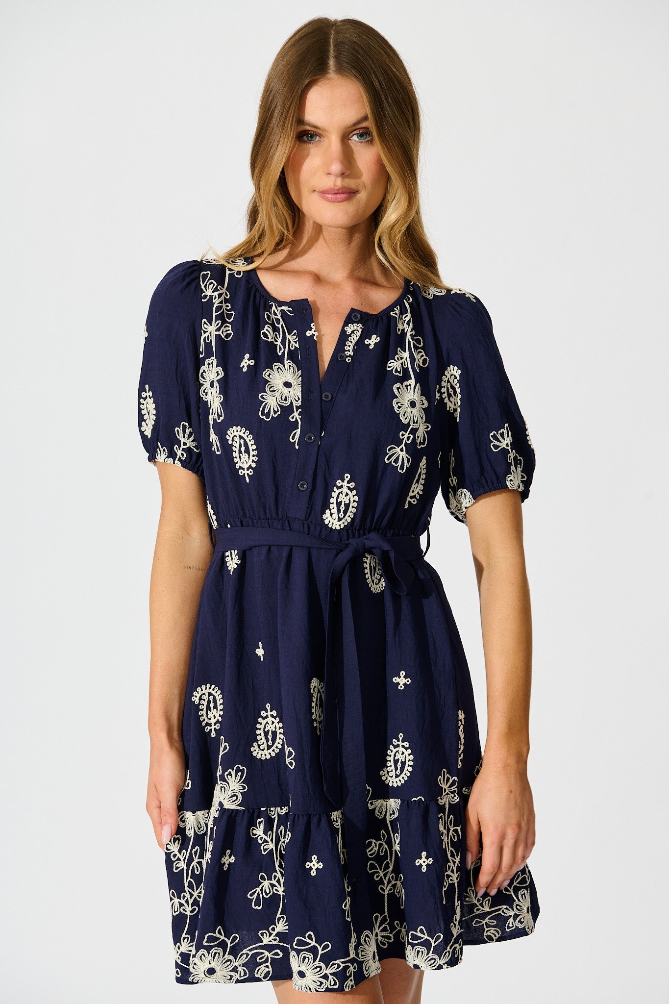 Tainted Love Dress in Navy with Cream Embroidery