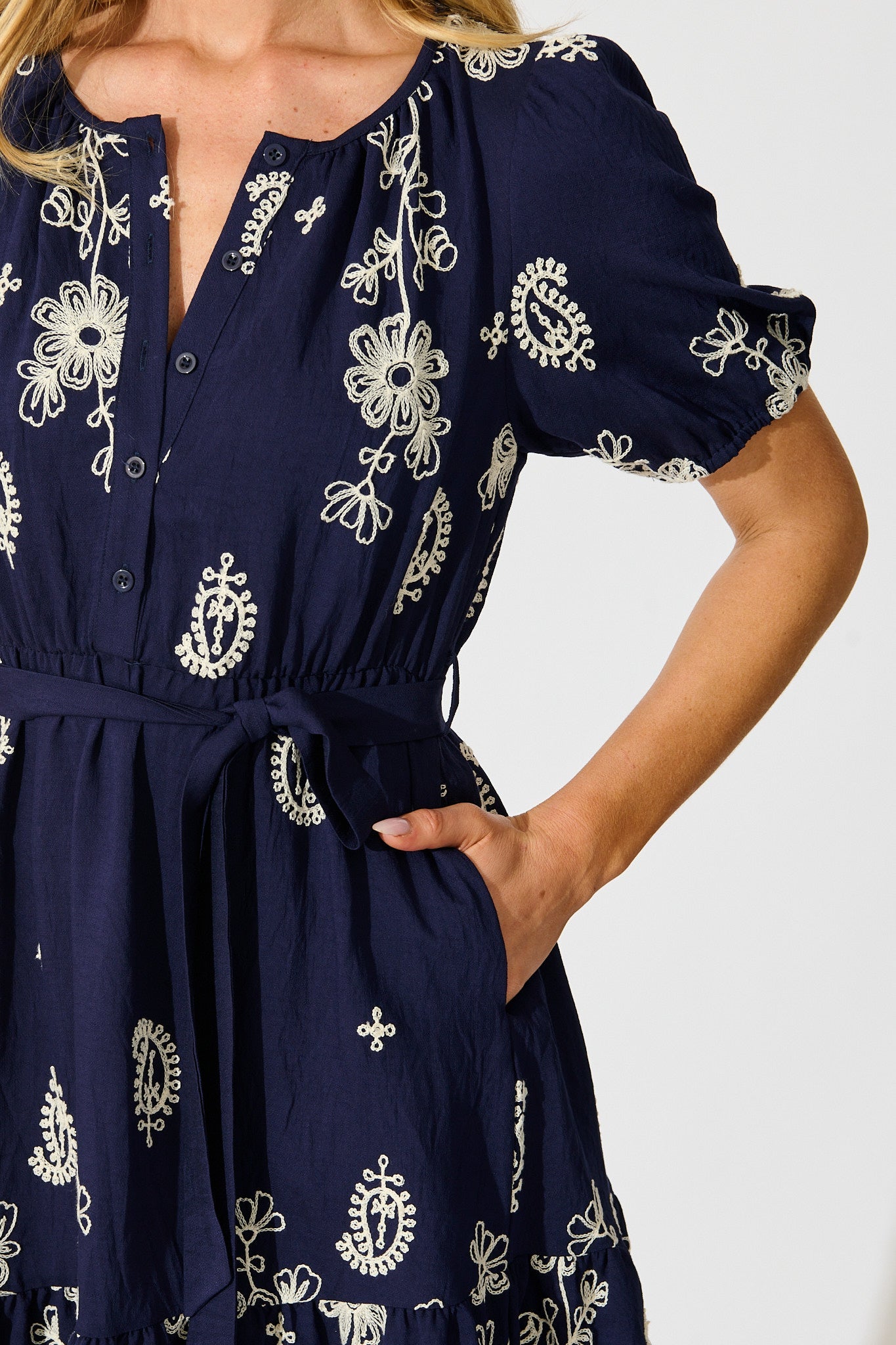 Tainted Love Dress in Navy with Cream Embroidery