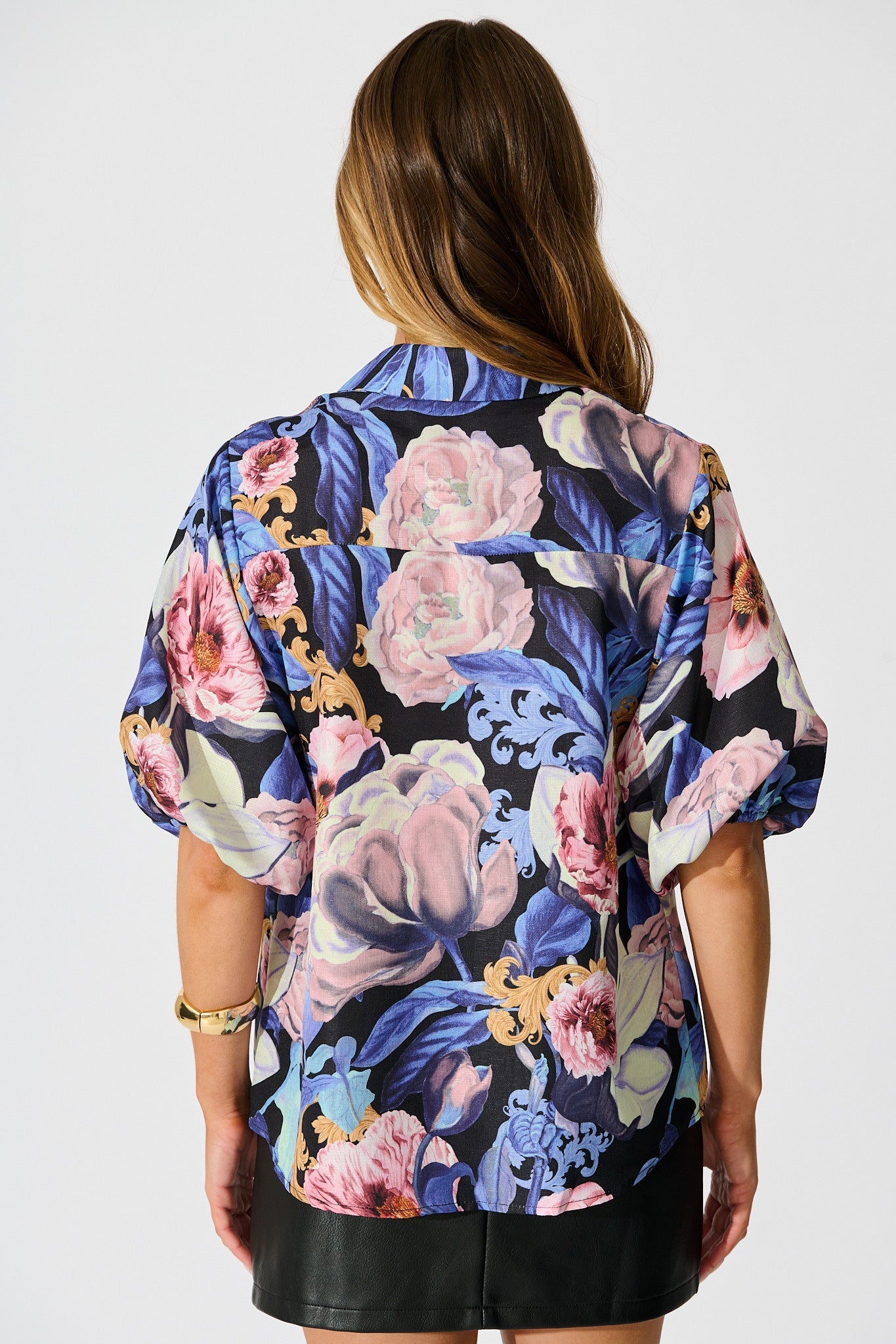 Whimsical Shirt in Multi Blue Floral Linen Blend