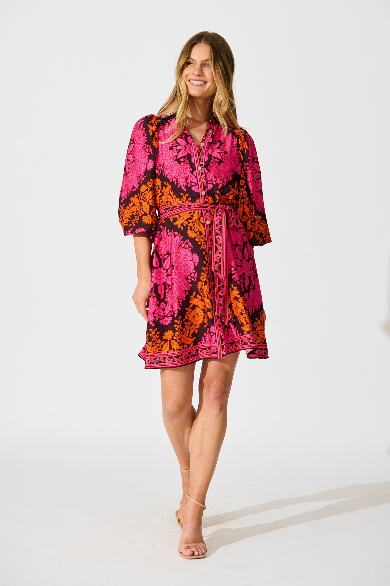 Risa Shirt Dress In Pink And Orange Floral Linen Blend