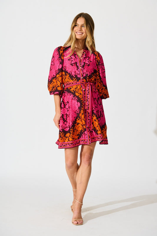 Risa Shirt Dress In Pink And Orange Floral Linen Blend