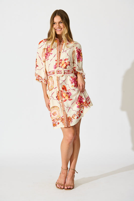 Aveline Shirt Dress In Pink Floral Print Linen Blend