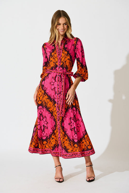 Aurelina Maxi Dress In Pink And Orange Floral Linen Blend