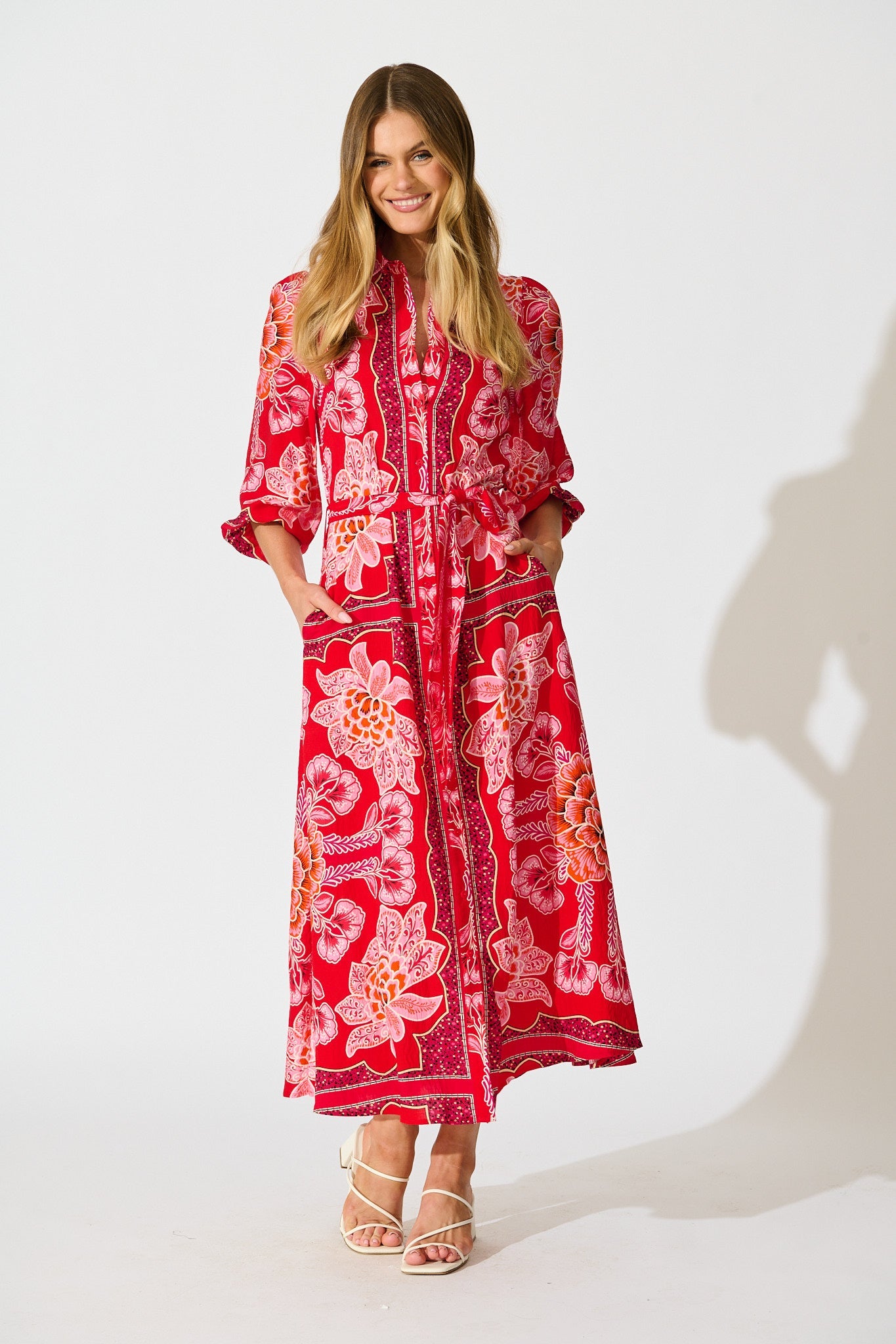 Aurelina Maxi Shirt Dress In Red Flower Linen Blend
