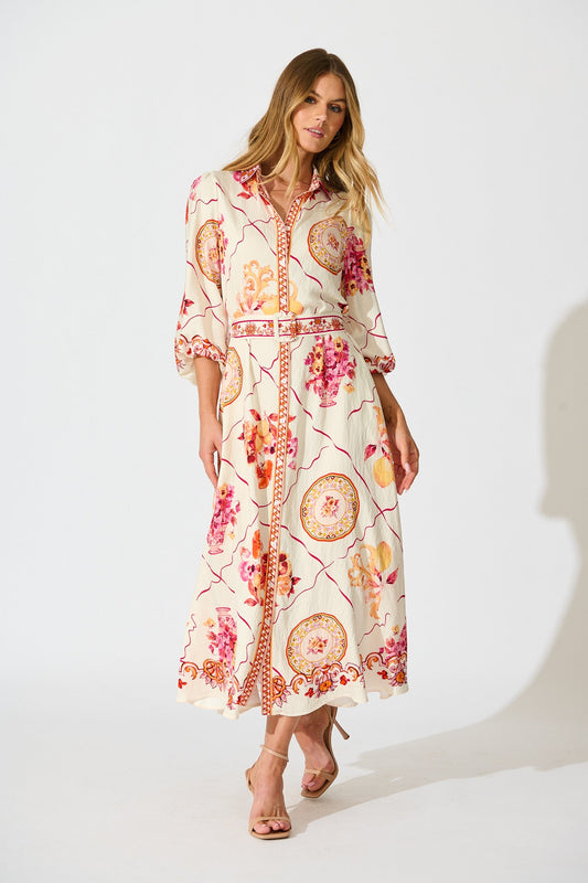 Callidora Maxi Shirt Dress In Pink Floral Print Linen Blend