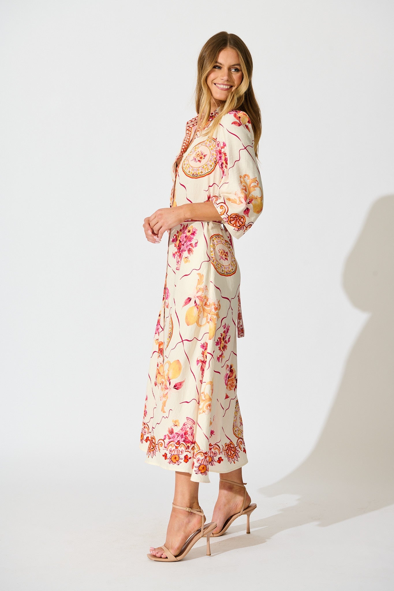 Callidora Maxi Shirt Dress In Pink Floral Print Linen Blend
