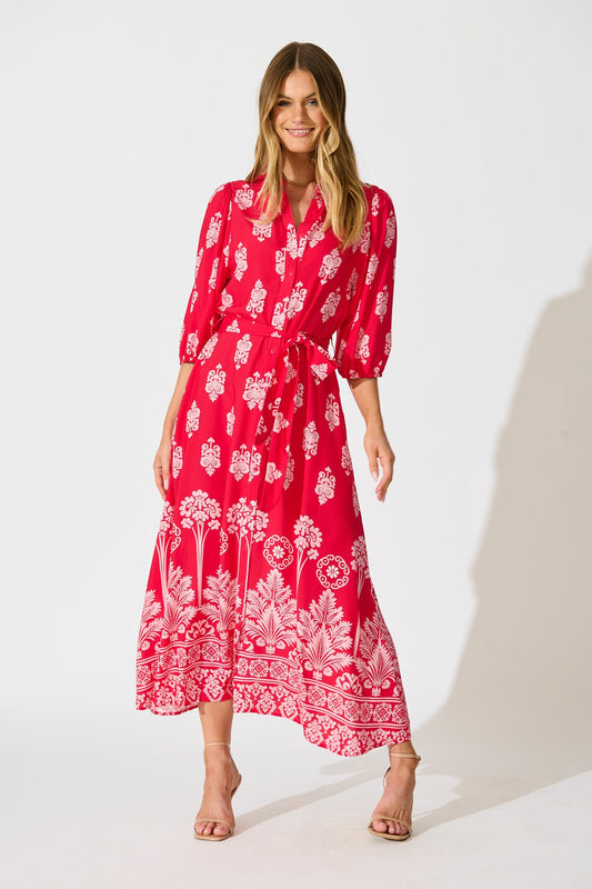 Coco Maxi Shirt Dress In Red and Pink Print
