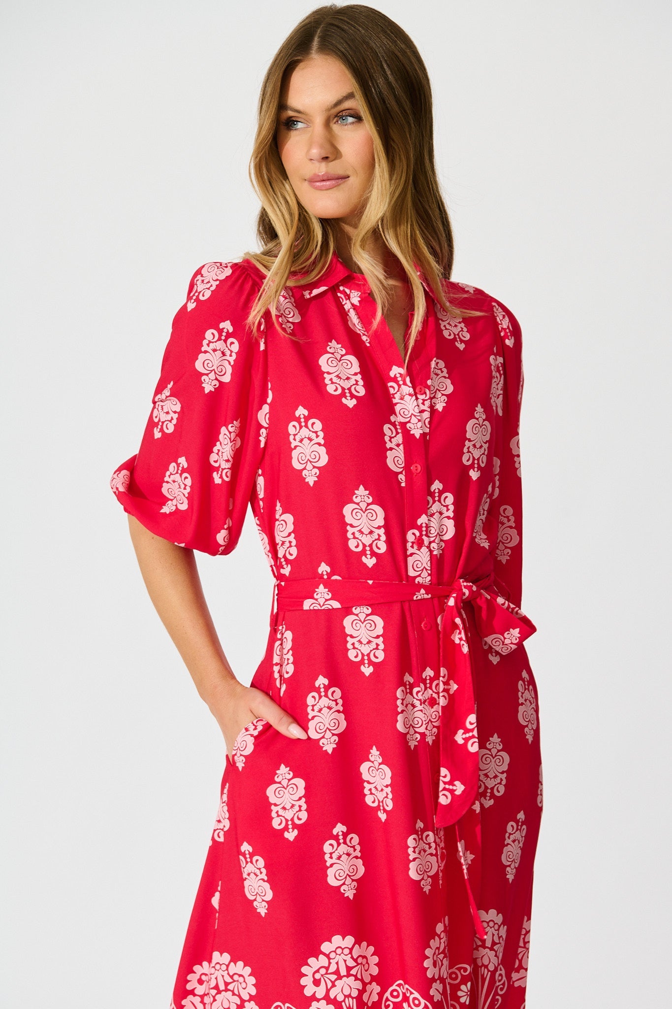 Coco Maxi Shirt Dress In Red and Pink Print