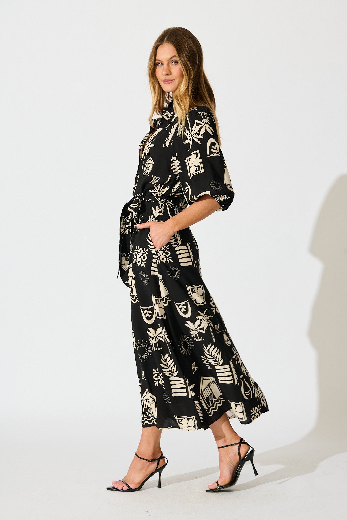 Coco Maxi Shirt Dress In Black Palm Print