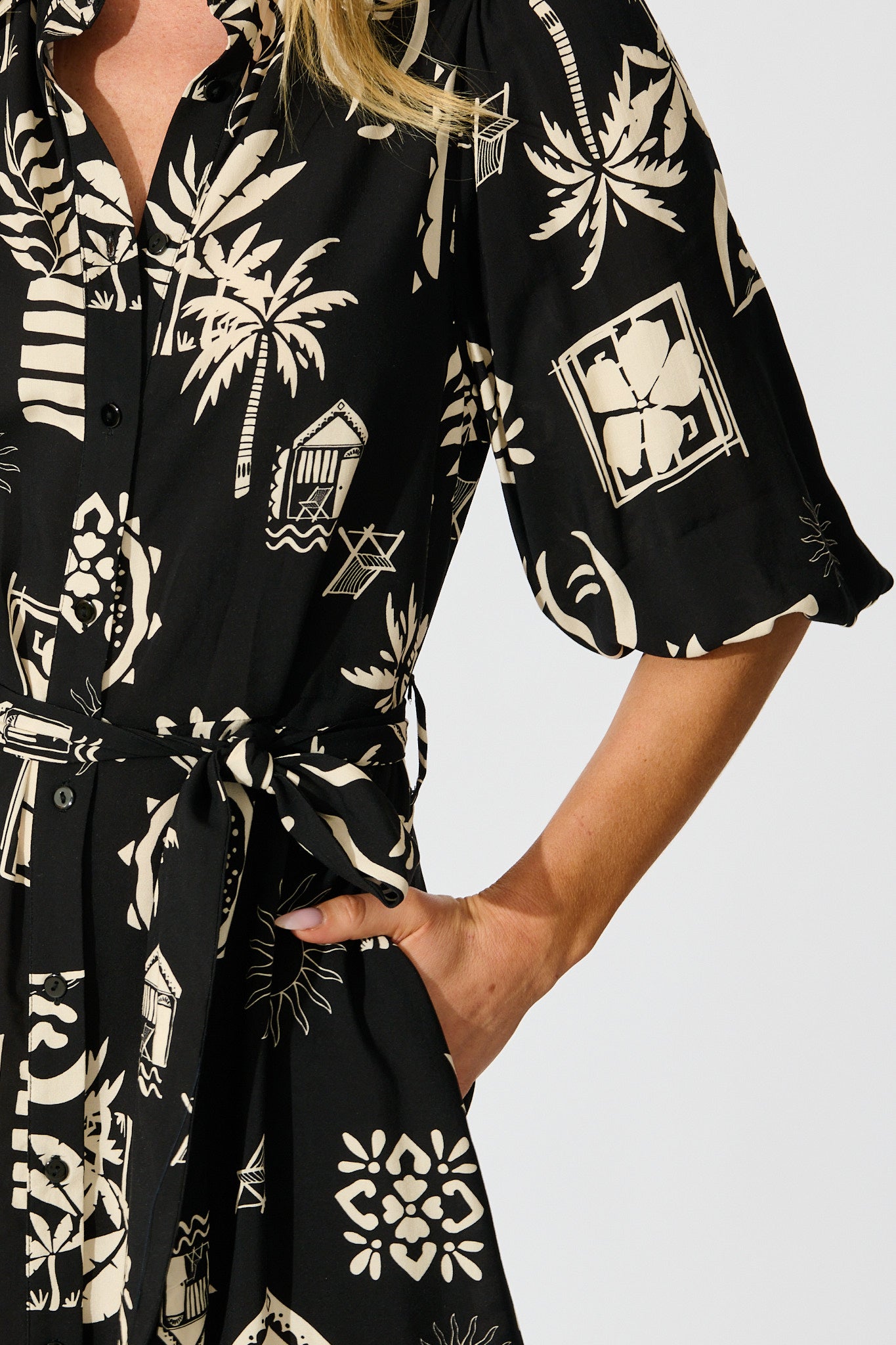 Coco Maxi Shirt Dress In Black Palm Print