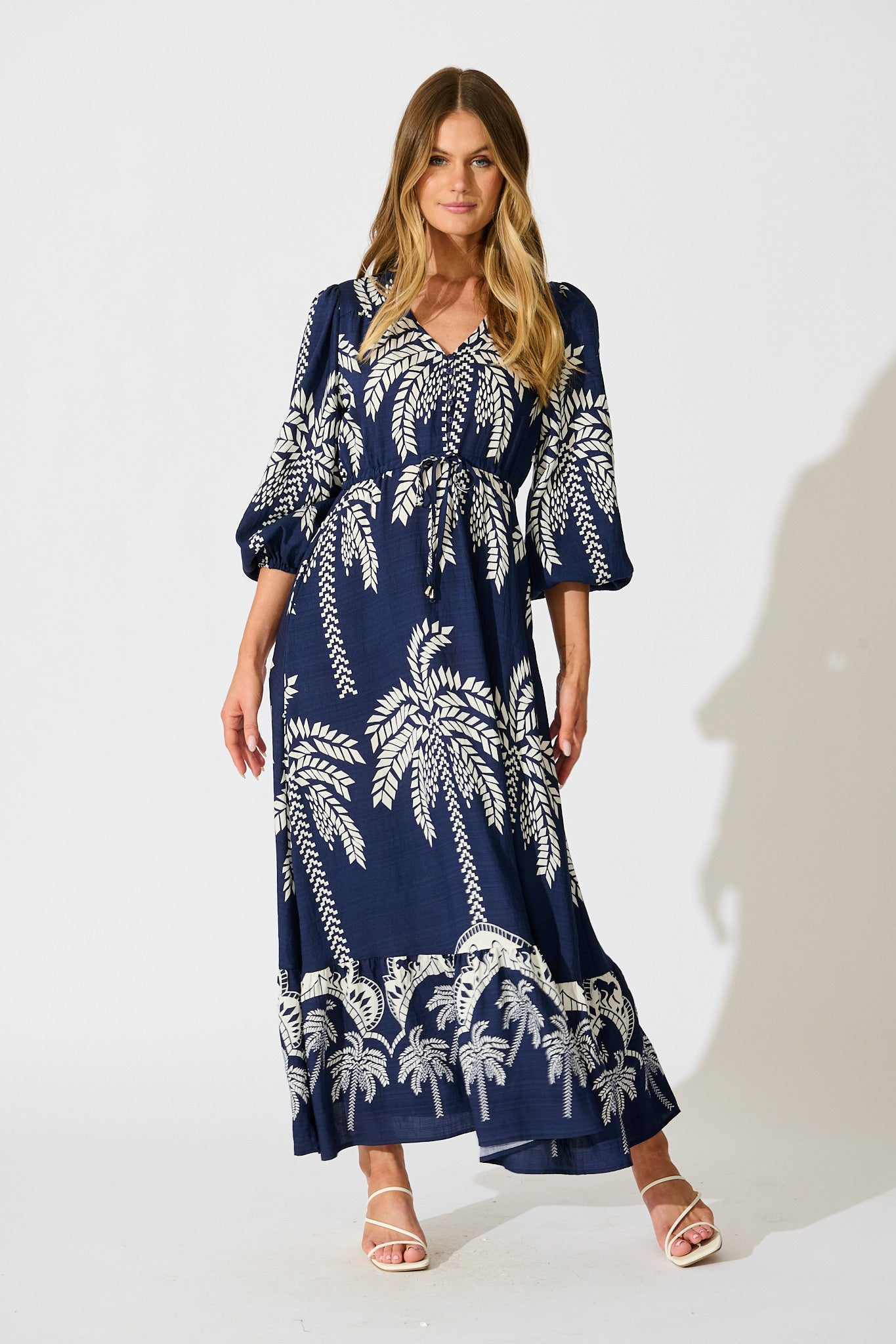 Jazelle Maxi Dress In Navy Palm Print Linen Blend