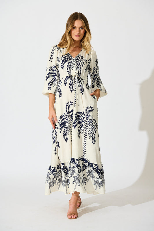 Jazelle Maxi Dress In White Palm Print Linen Blend