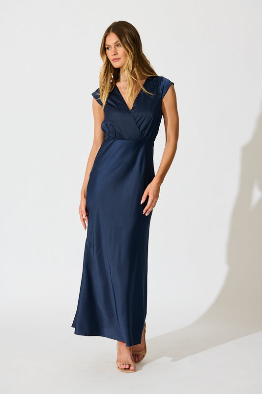 Elegant Devotion Maxi Dress in Navy Satin