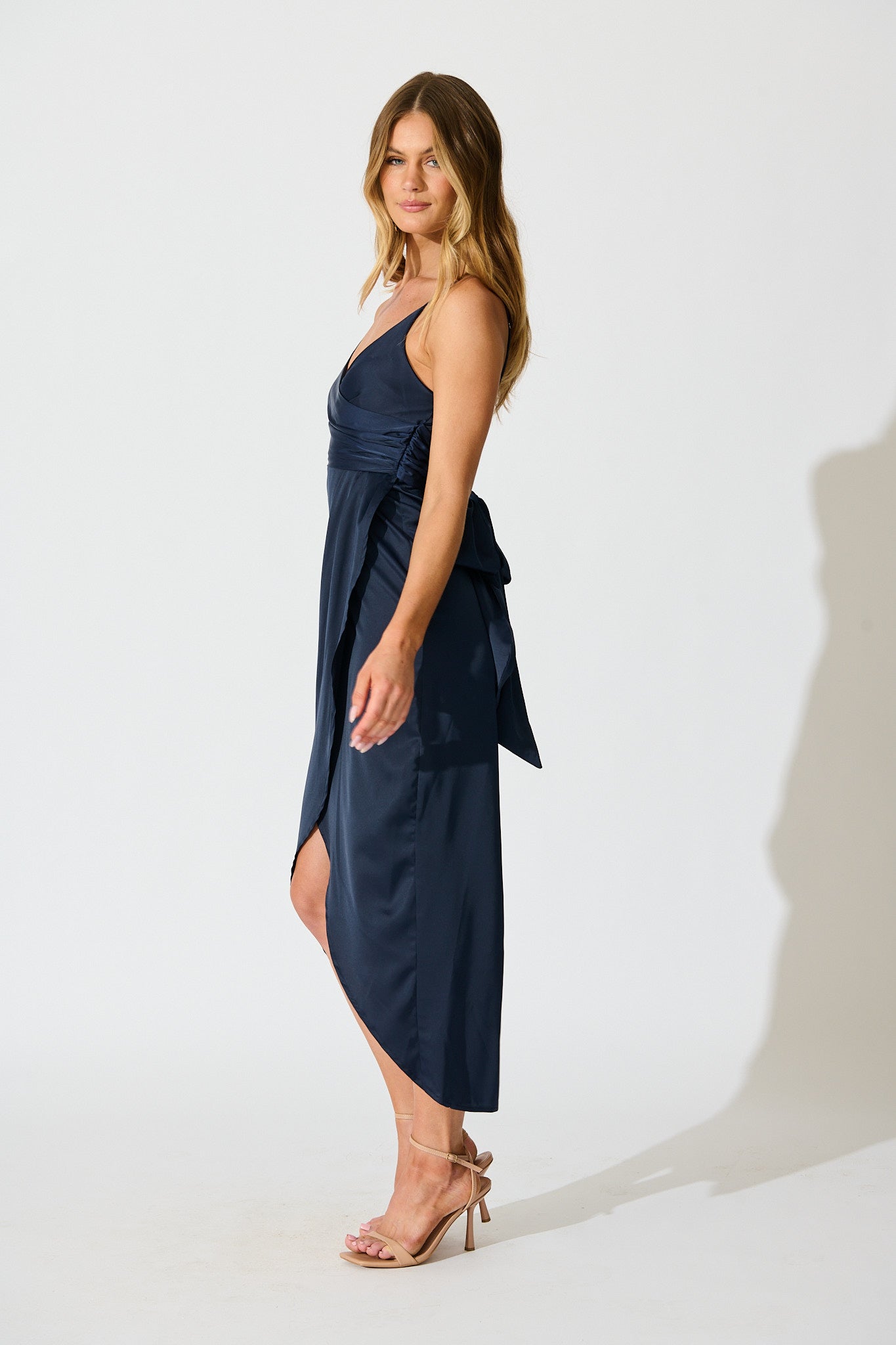 Softly Spoken Midi Dress in Navy Satin