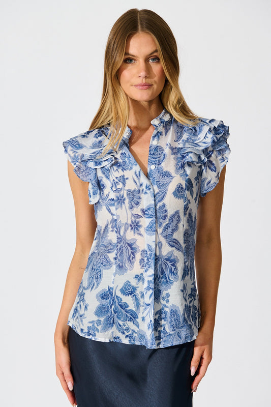 Elodie Top in Blue Leaf Print