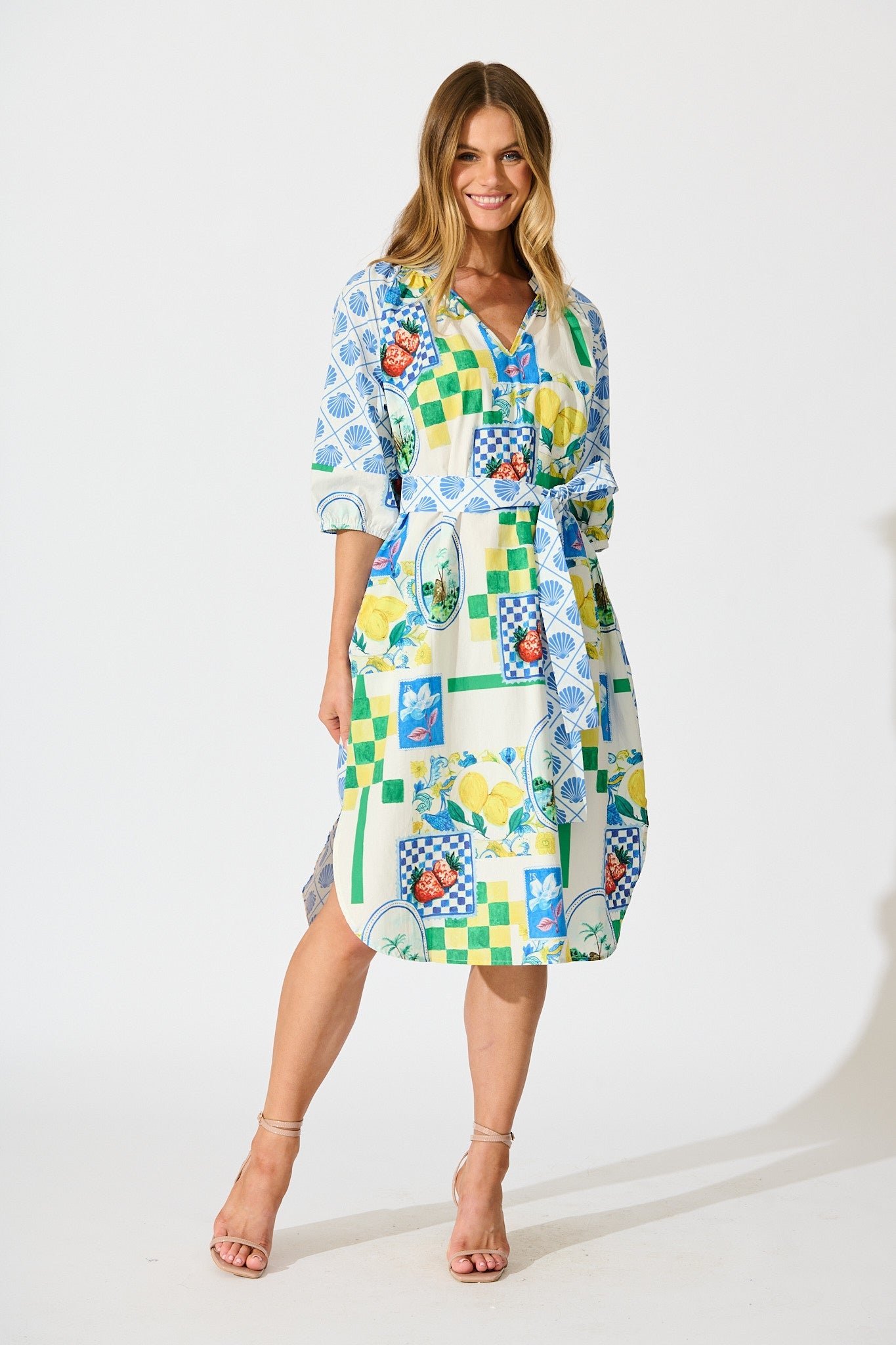 Limoncello Dreams Midi Dress in White Multi Lemon Cotton