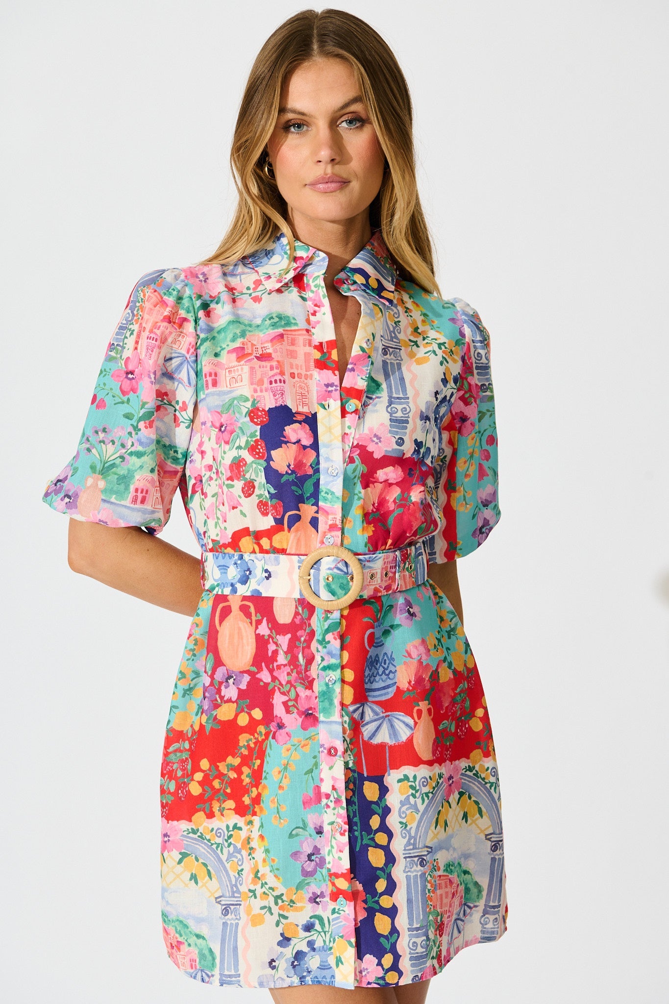 Casa Rose Shirt Dress in Multi Resort Linen Blend