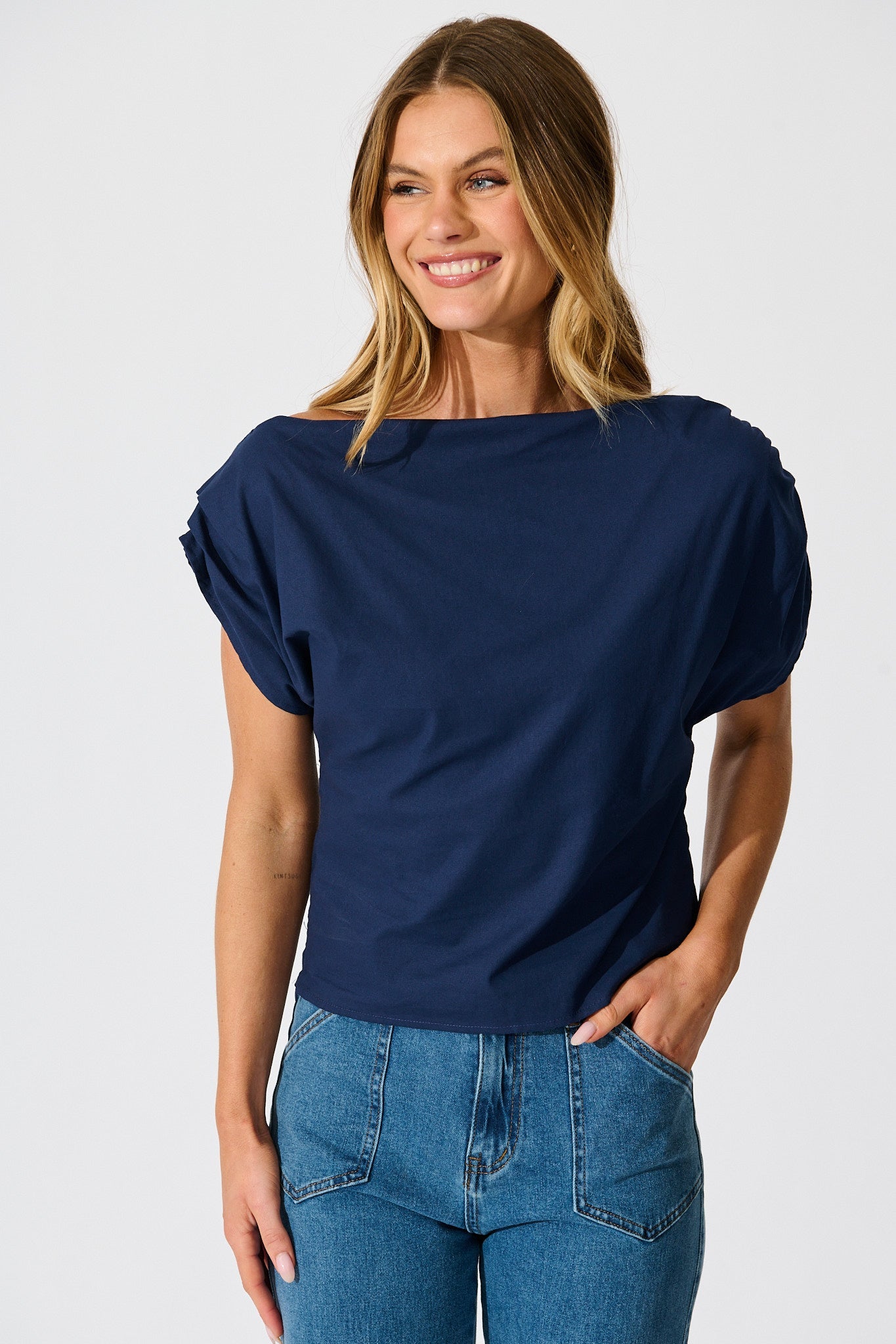 Golden Hour Off Shoulder Top in Navy Cotton