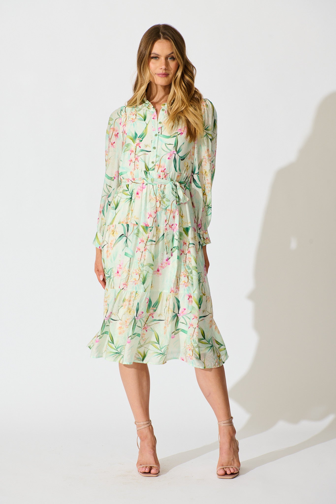 Quincy Midi Dress in Cream With Green Floral Print