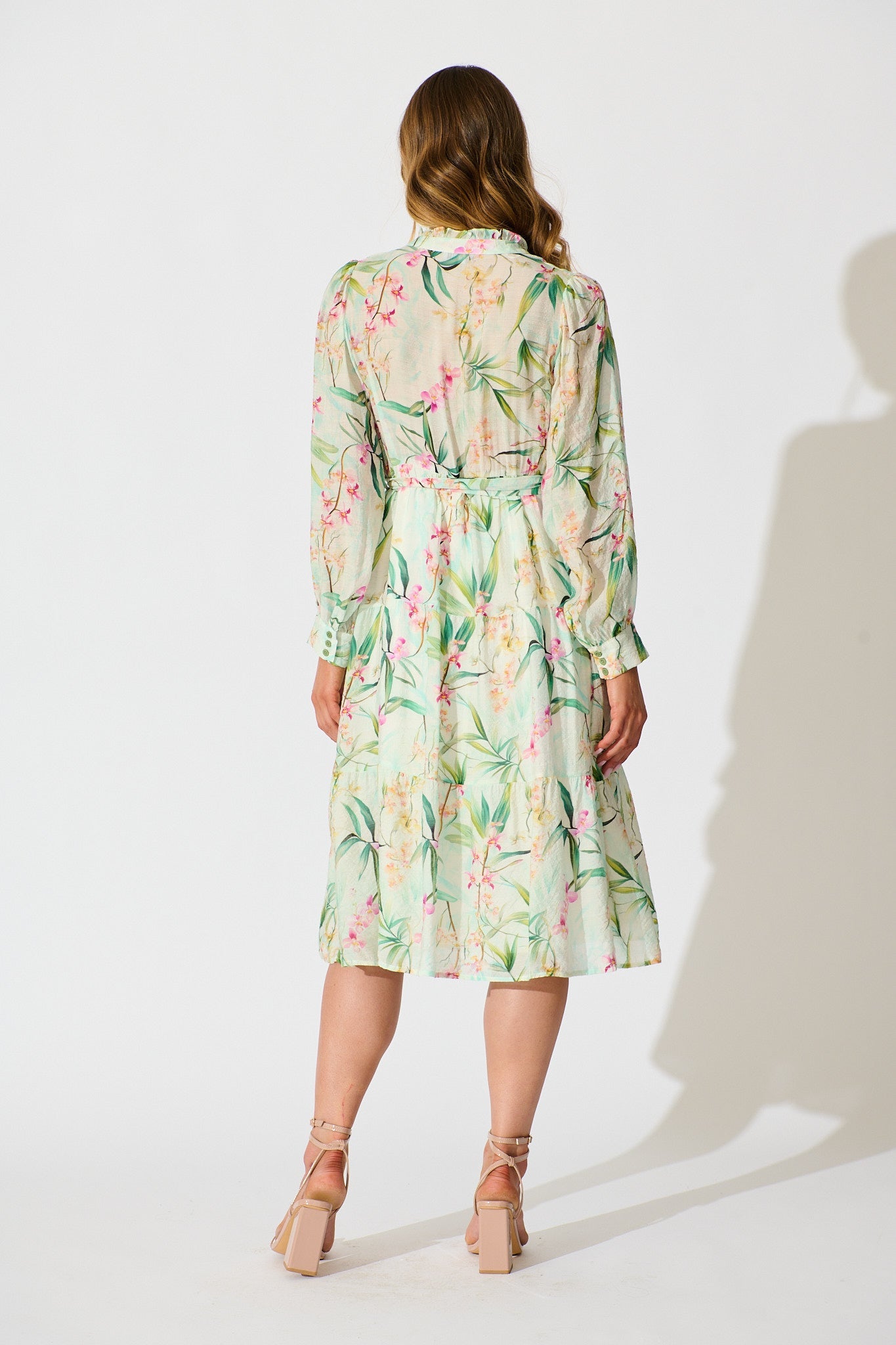 Quincy Midi Dress in Cream With Green Floral Print