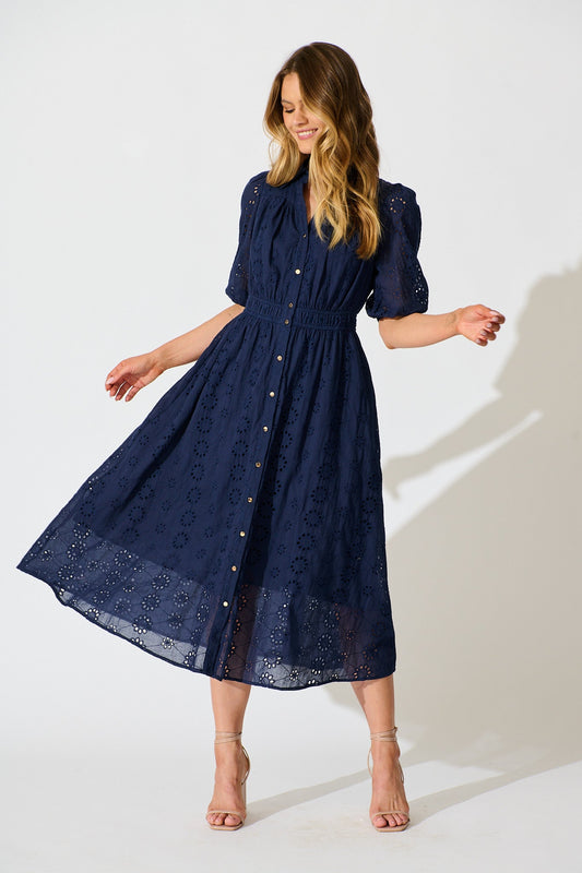 PRE ORDER Ayla Midi Shirt Dress In Navy Embroidered Cotton