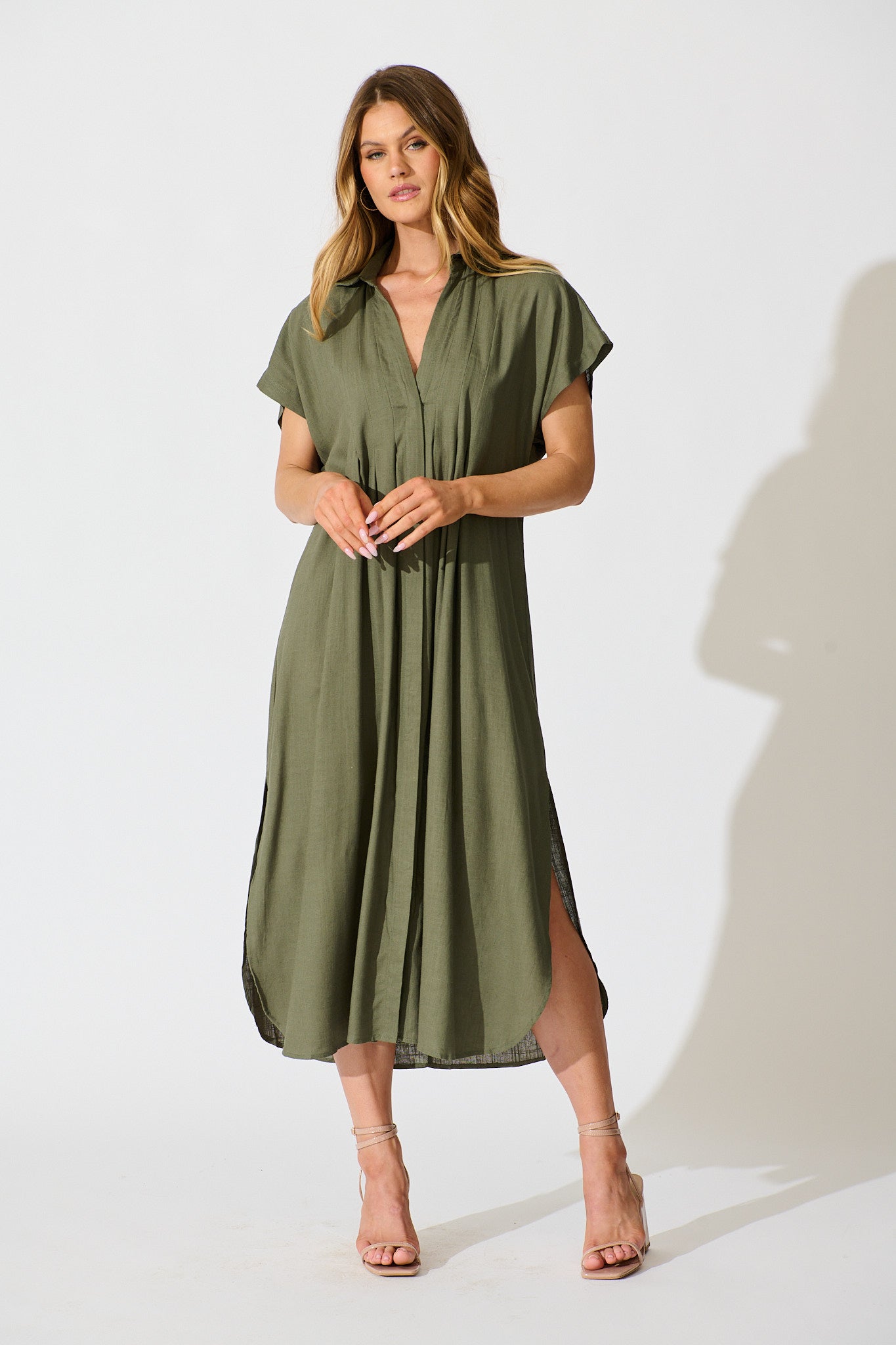Imari Midi Dress in Khaki Linen Blend