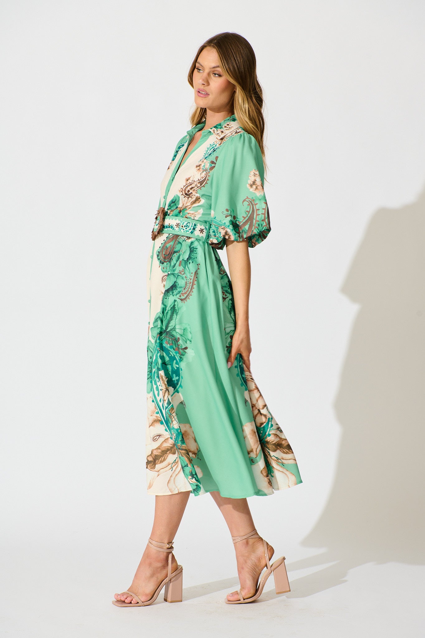 Jade Garden Midi Shirt Dress in Cream with Jade Print Linen Blend