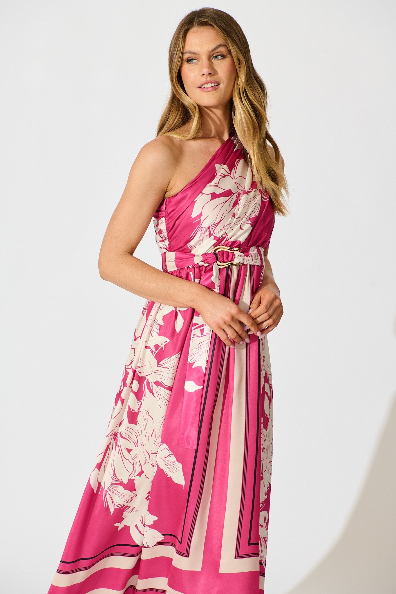 Bernadette One Shoulder Midi Dress in Magenta Floral Satin