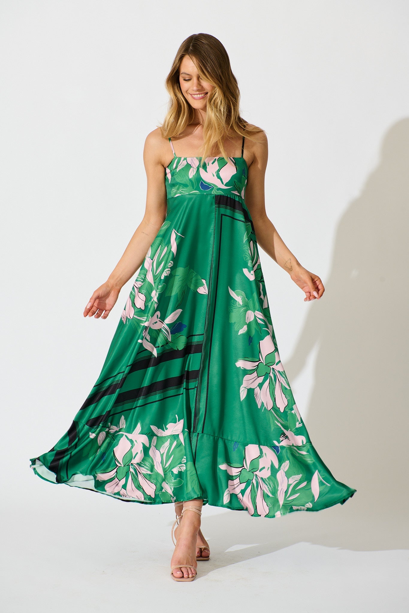 Ruthie Maxi Sundress in Emerald Print Satin