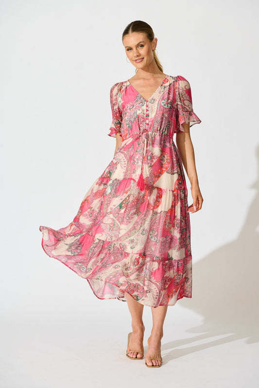 Flamenco Rose Midi Dress in Pink with Boho Print