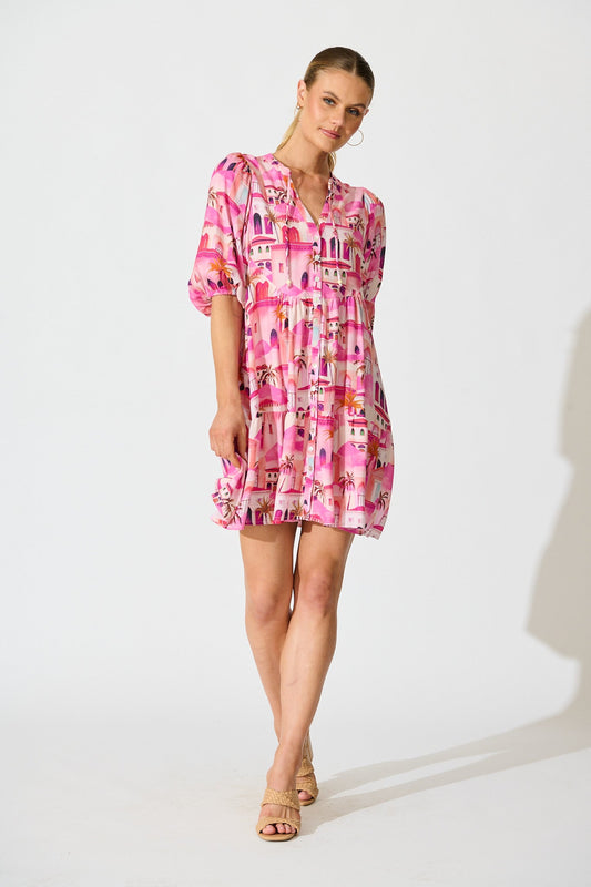 Emelyn Smock Dress in Pink Resort Print