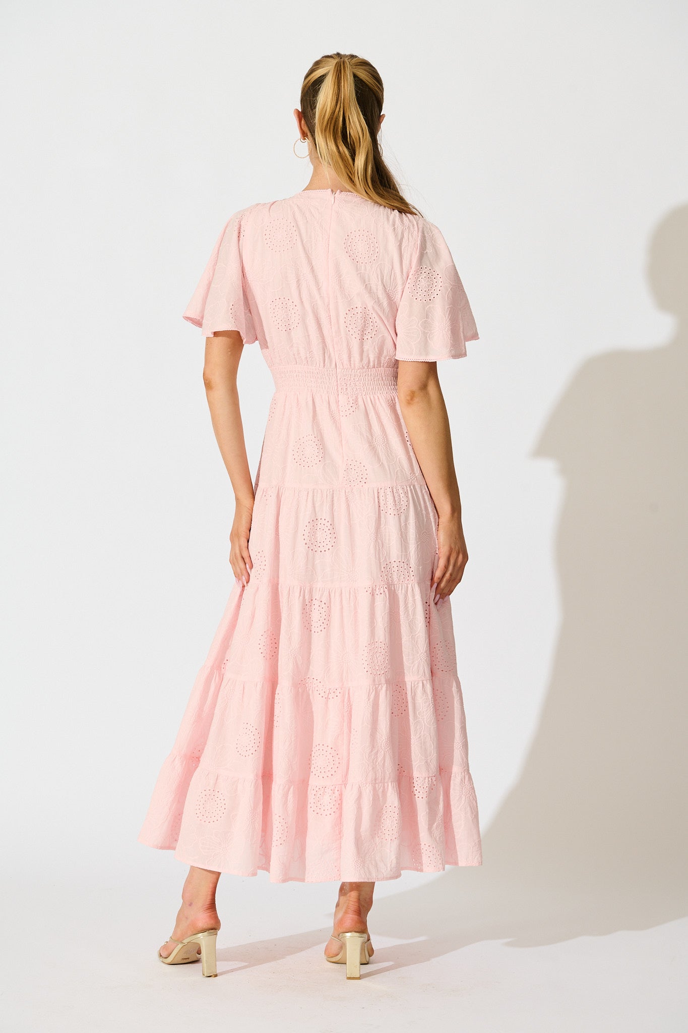 Indra Tierred Maxi Dress In Pink Embroidered Cotton