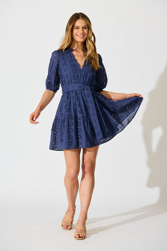 Carlotta Dress In Navy Embroidered Cotton