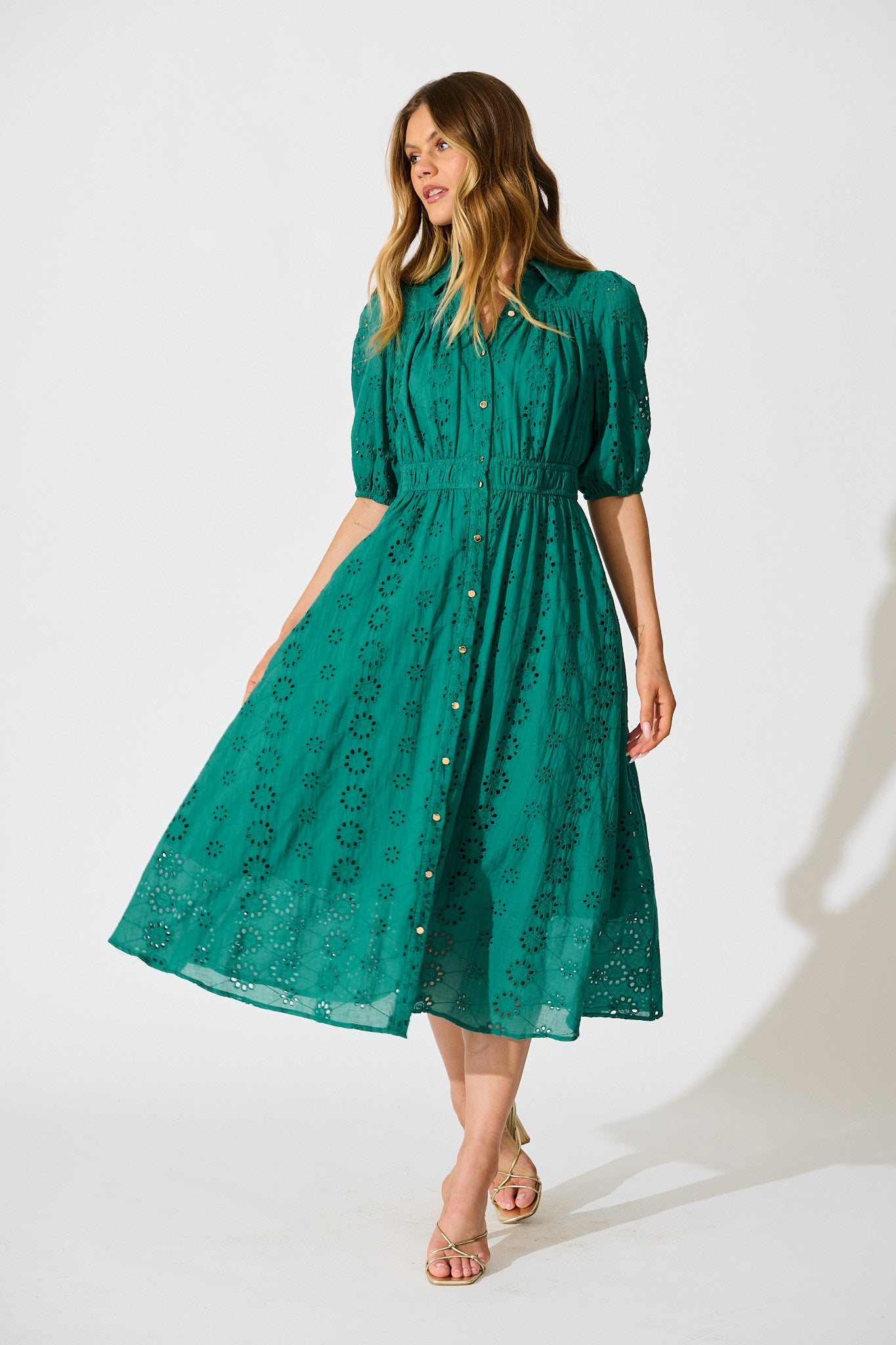 Ayla Midi Shirt Dress In Emerald Embroidered Cotton