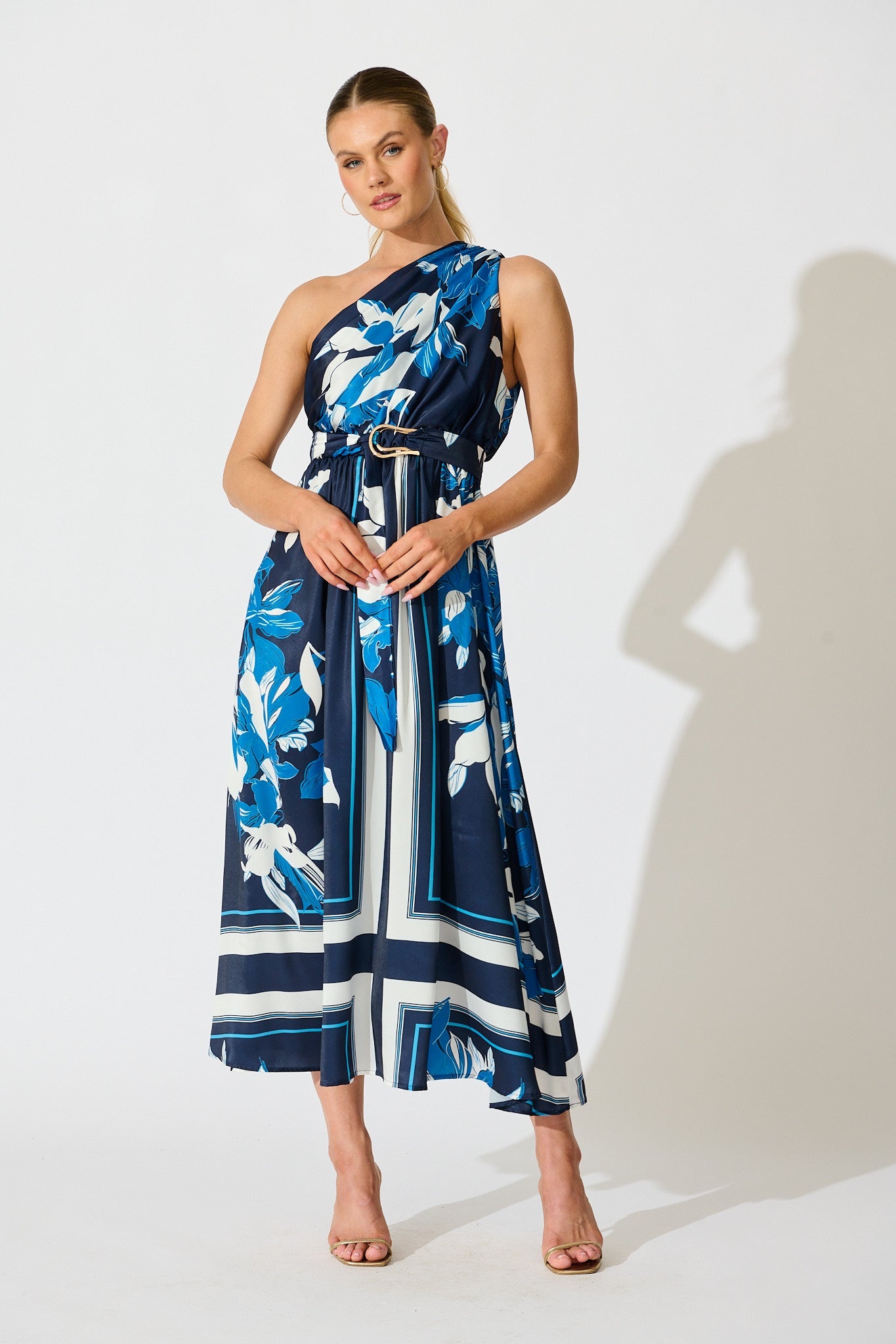 Bernadette One Shoulder Midi Dress in Navy with Floral Satin
