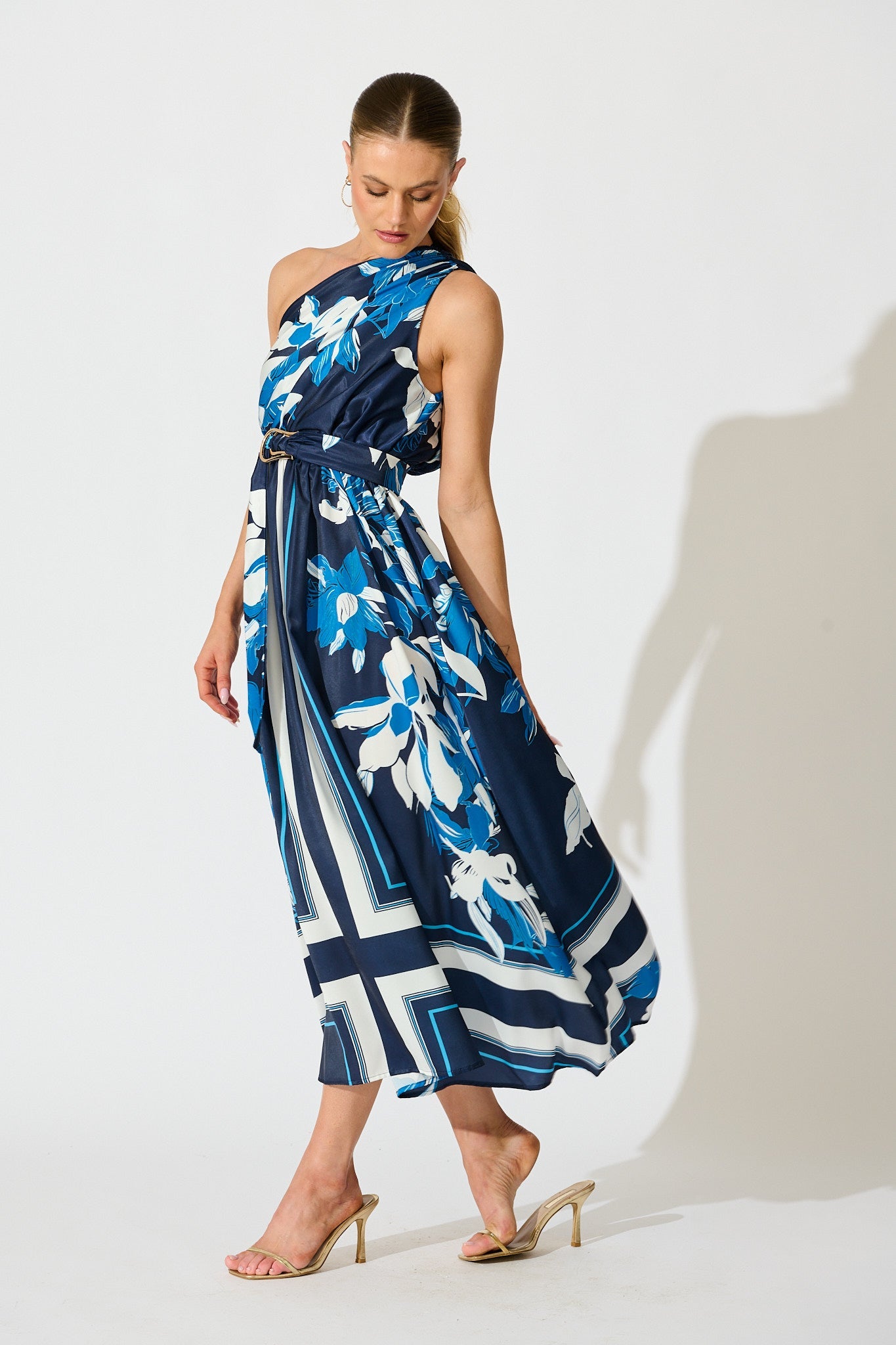 Bernadette One Shoulder Midi Dress in Navy with Floral Satin