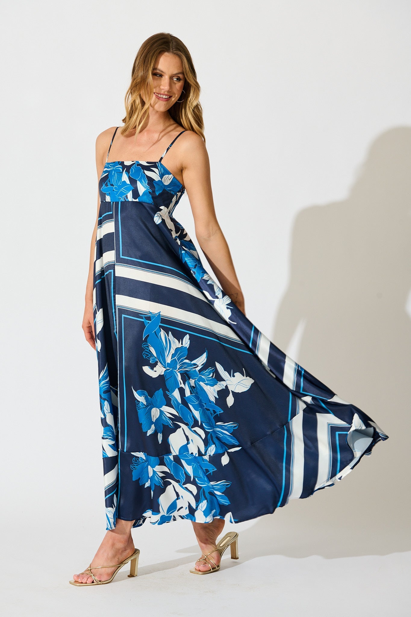 Ruthie Maxi Sundress in Navy Floral Satin