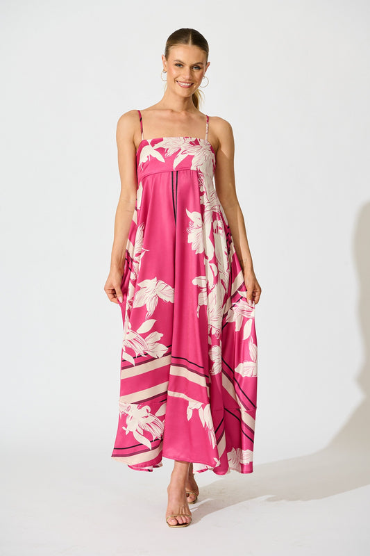 Ruthie Maxi Sundress in Magenta Floral Satin