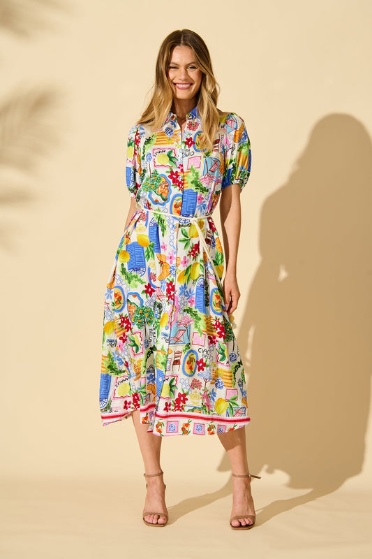 Dearest Midi Shirt Dress In White With Multi Print