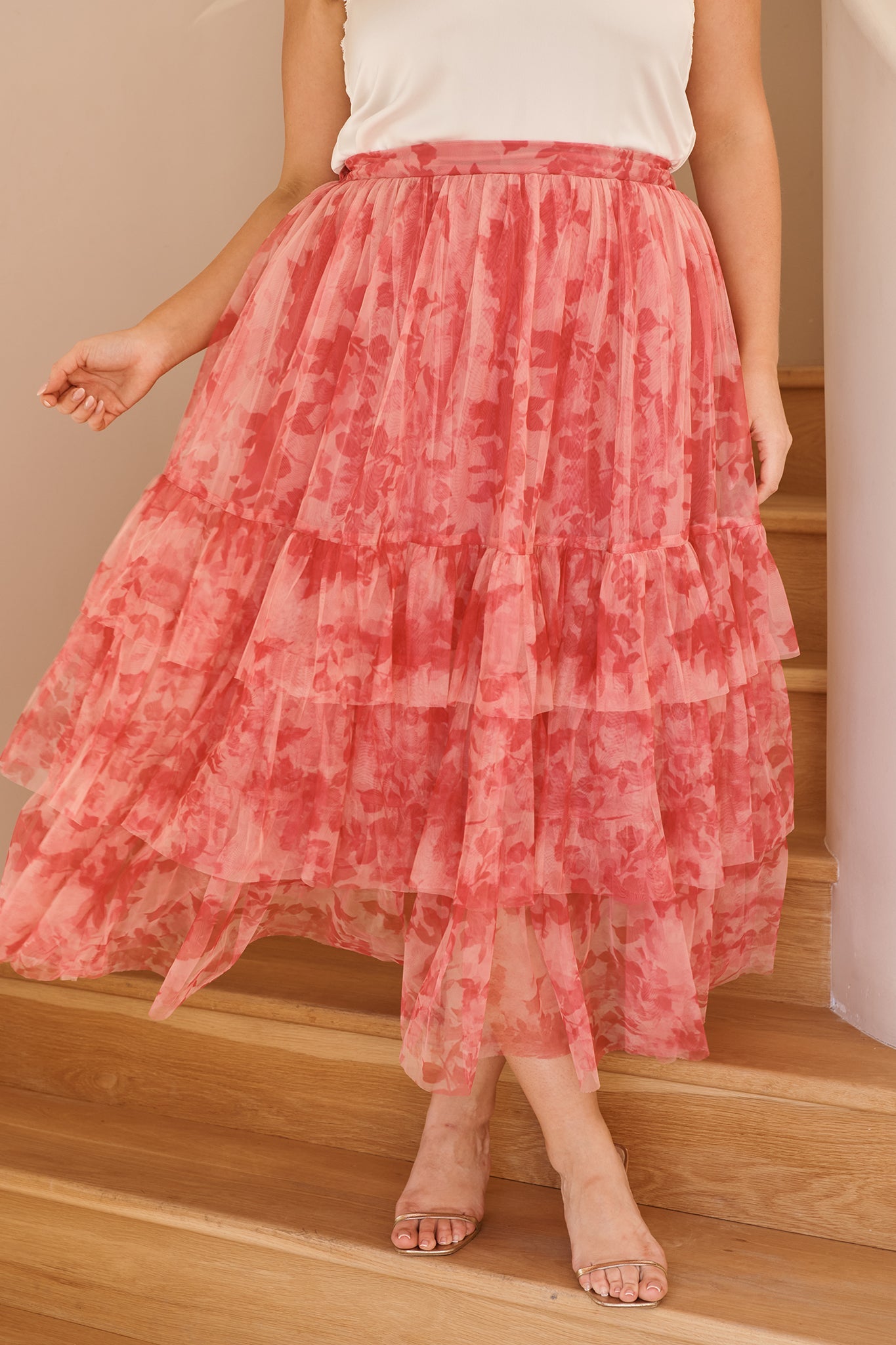 Sky Bloom Midi Skirt in Pink Floral Tulle