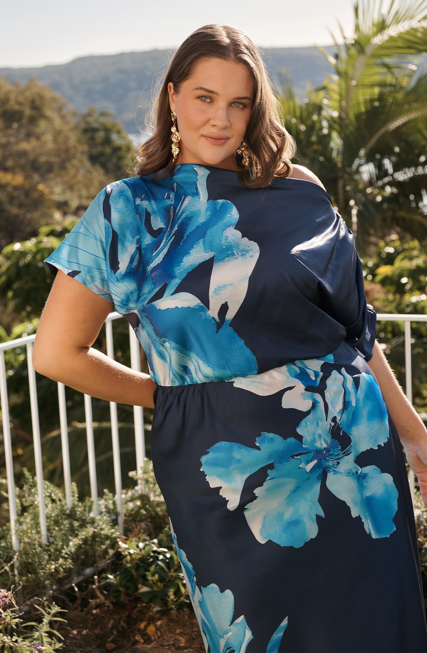 Sarita Maxi Off Shoulder Dress in Navy Floral Satin
