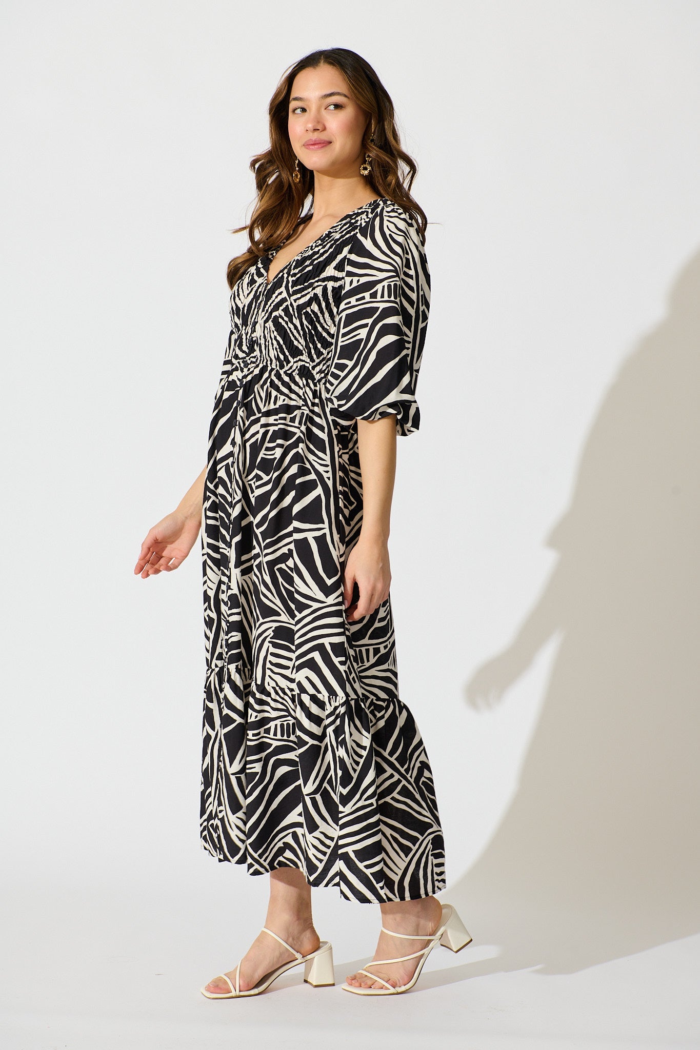 Davina Midi Smock Dress in Black and White Cotton Blend