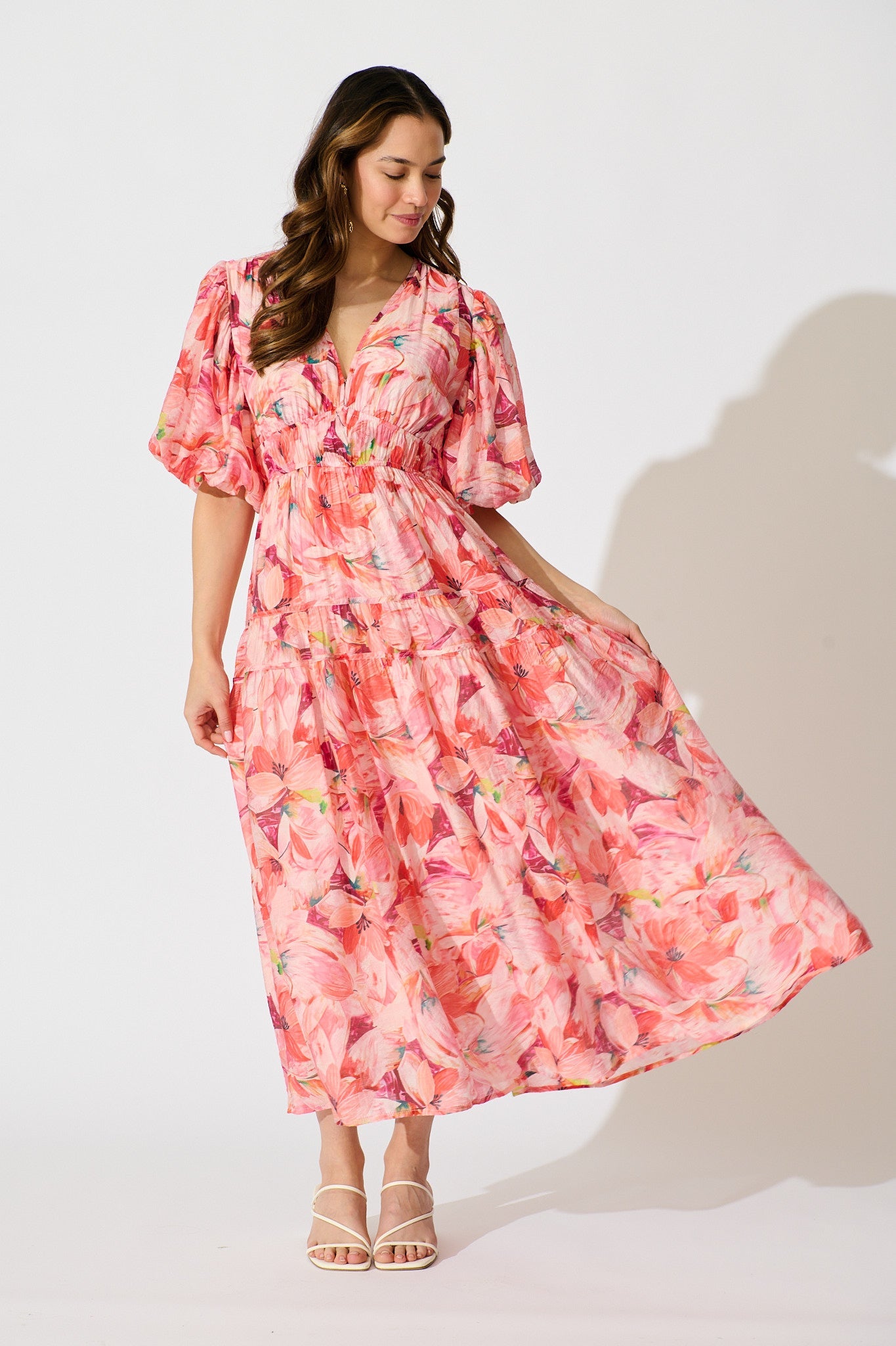 Amalie Midi Dress in Pink Watercolour Print