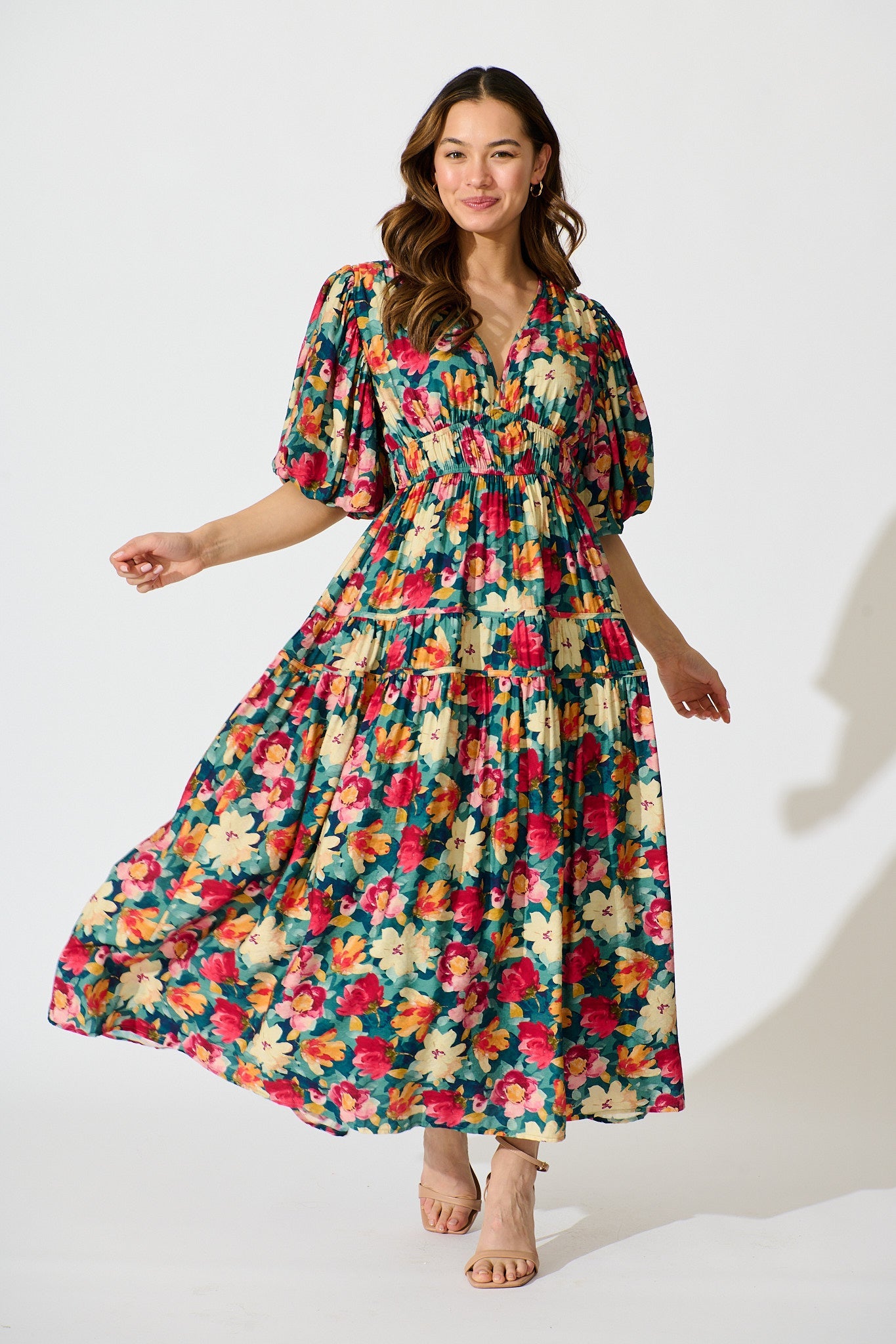 Amalie Midi Dress in Jade Floral Print
