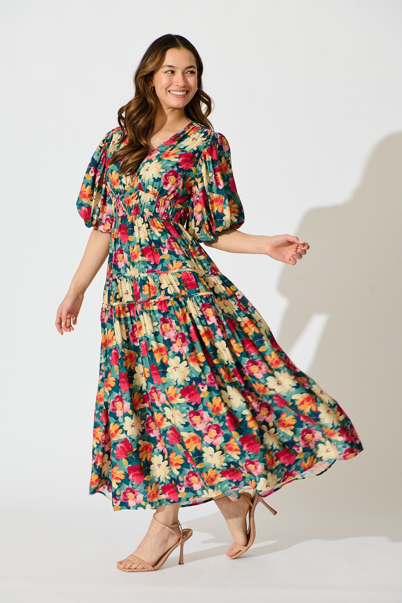 Amalie Midi Dress in Jade Floral Print